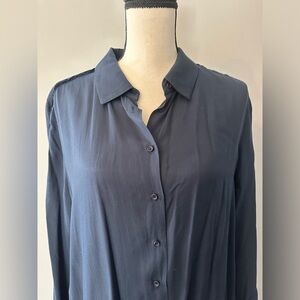 Zara Basic Navy Button Down Shirt Dress with Velvet Stripe Detail  size Large